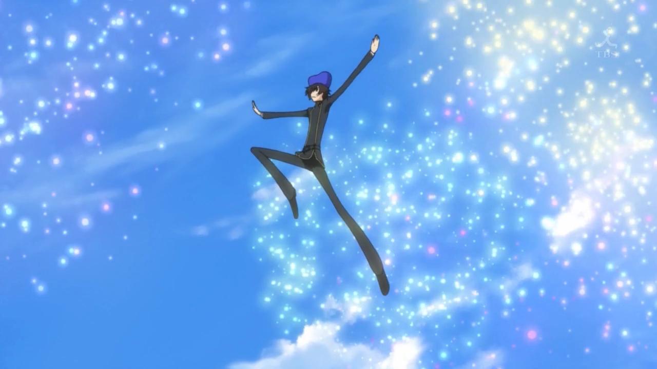 aerial_fireworks, androgynous, cap, code_geass, cosplay, crossdressinging, fireworks, hat, jump, jumping, lelouch_lamperouge, lelouch_lamperouge_(cosplay), parody, reverse_trap, school_uniform, screencap, shinozaki_sayoko, sky, solo