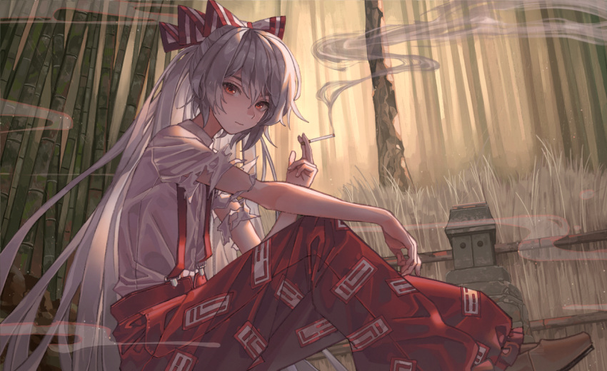 1girl, bamboo, bamboo_forest, bangs, bow, brown_footwear, cigarette, commentary