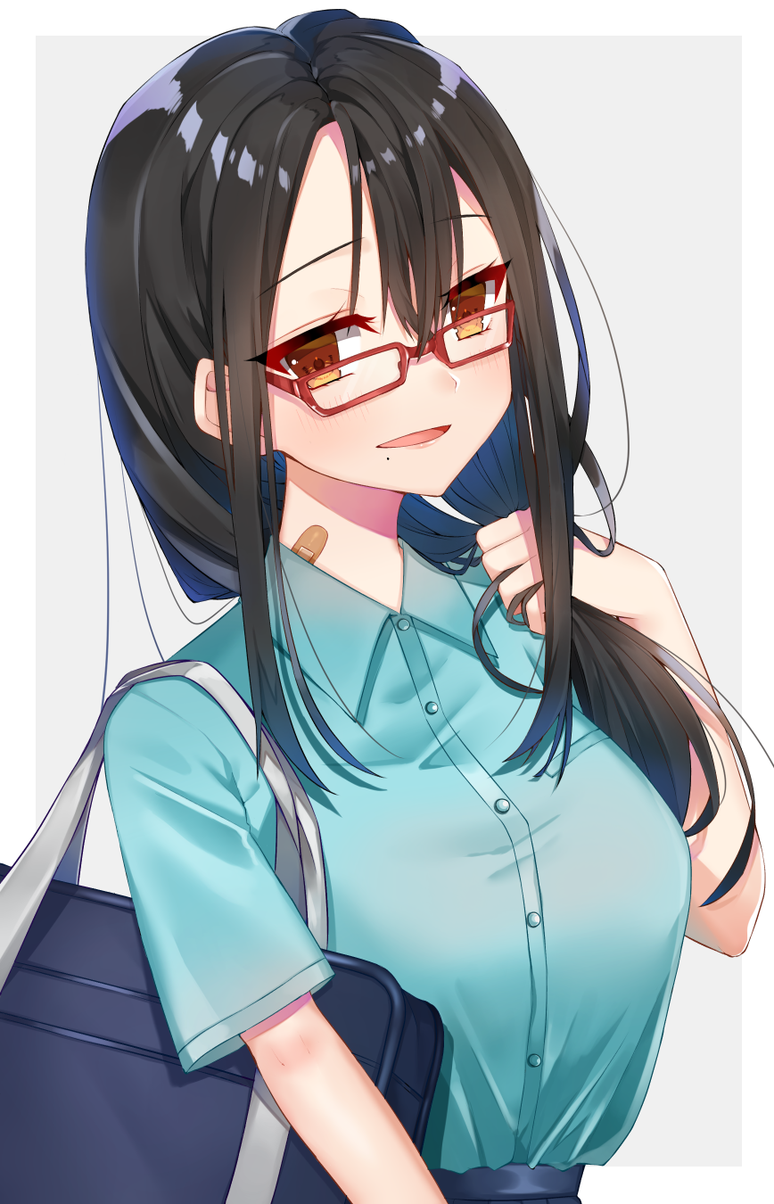 1girl, bag, bandaid, bangs, black_hair, blue_shirt, blue_skirt, breasts