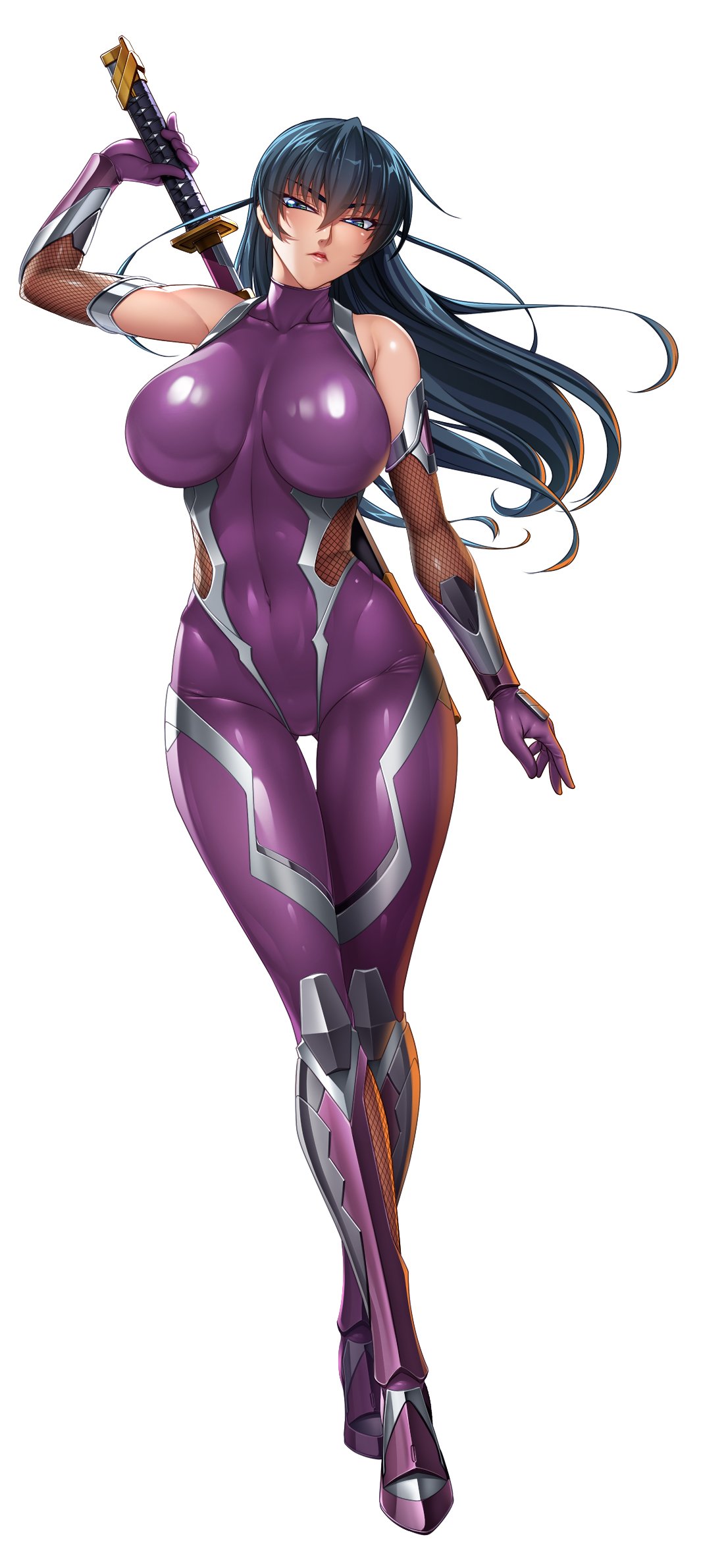 1girl, bangs, bare_shoulders, black_hair, blush, bodysuit, breasts, clothed_navel