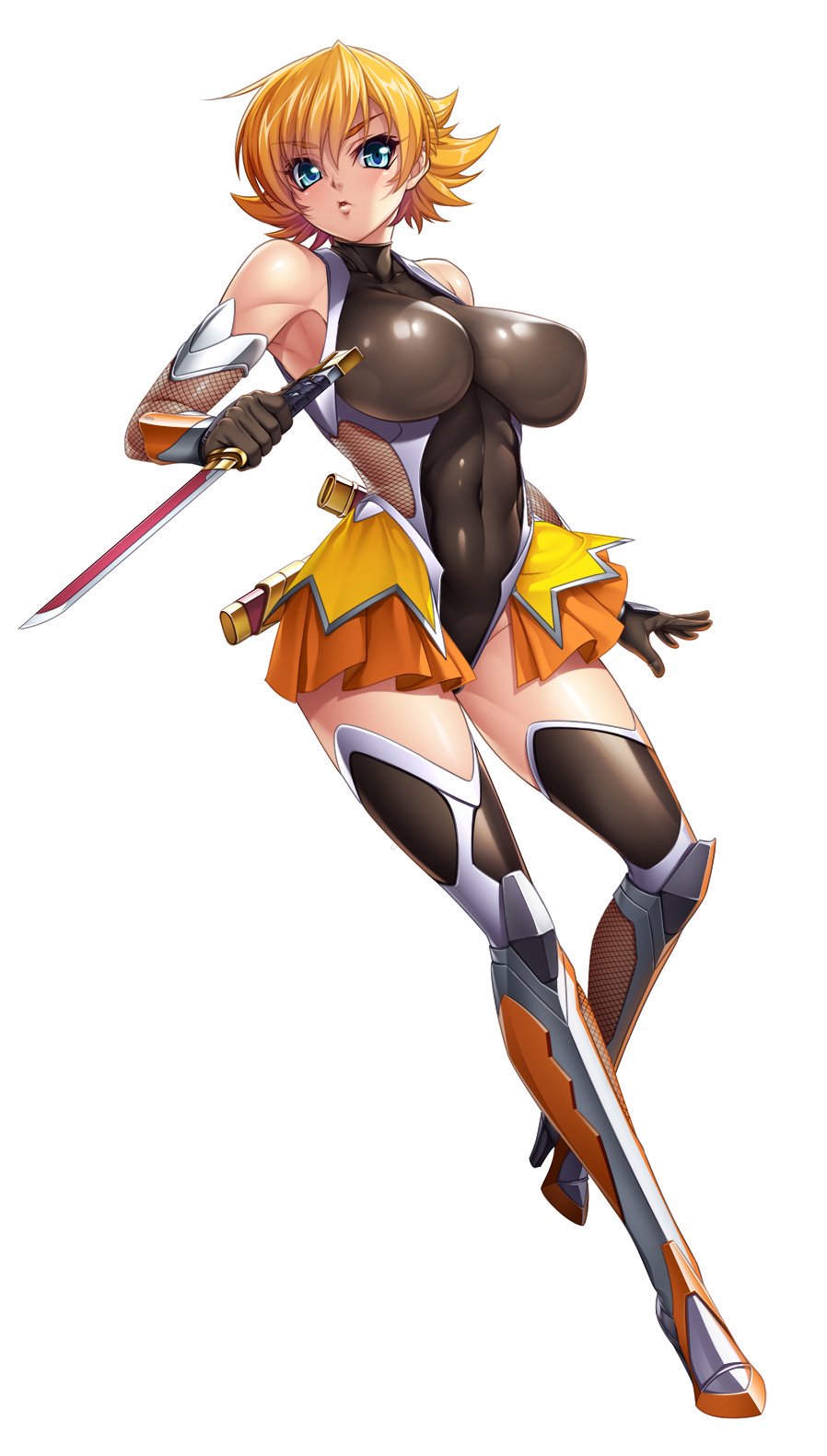 1girl, bangs, bare_shoulders, black_leotard, blue_eyes, blush, breasts, covered_navel