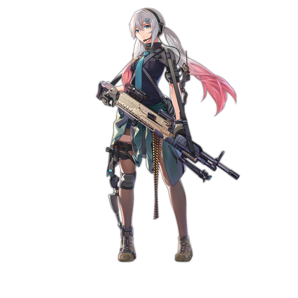 1girl, ammunition_belt, aqua_neckwear, bag, belt, bipod, black_legwear, blue_eyes