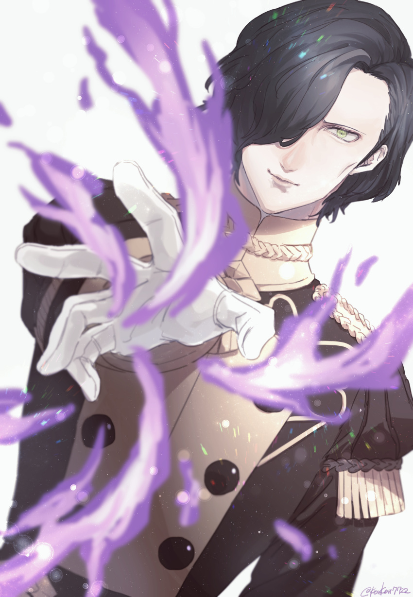 1boy, absurdres, artist_name, black_hair, epaulettes, fire_emblem, fire_emblem:_three_houses, gloves, hair_over_one_eye, highres, hubert_von_vestra, male_focus, nerinriume, solo, sparkle, uniform, upper_body, white_background, yellow_eyes