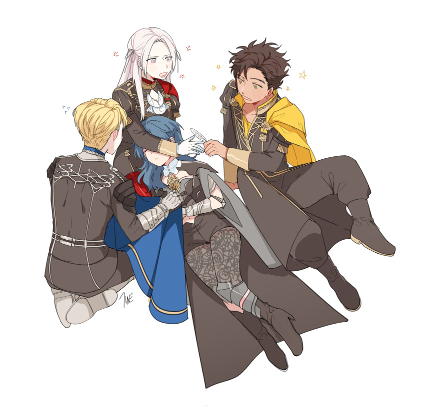 2boys, 2girls, absurdres, blue_hair, byleth_(fire_emblem), byleth_eisner_(female), cape, claude_von_riegan, cravat, dark_skin, dimitri_alexandre_bladud, edelgard_von_hresvelg, fire_emblem, fire_emblem:_three_houses, gloves, hair_ornament, hair_ribbon, highres, long_hair, m_majunju, multiple_boys, multiple_girls, pantyhose, red_cape, red_legwear, ribbon, short_hair, simple_background, sleeping, smile, uniform