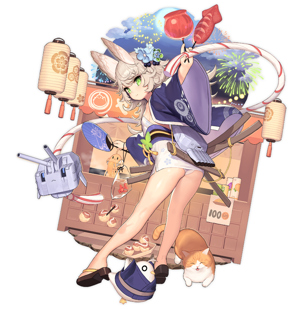 1girl, aerial_fireworks, alternate_costume, animal_ears, apple, ass, azur_lane, bangs