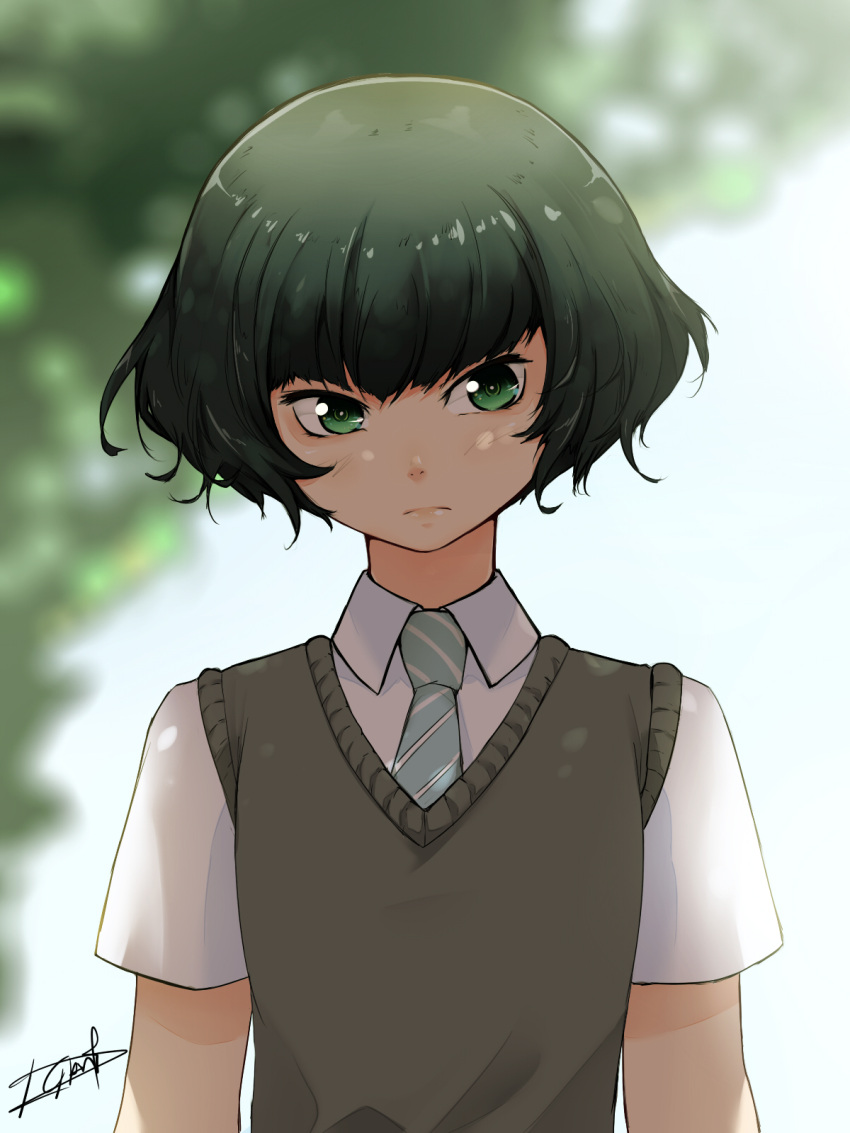1girl, 9bank_thedg, araburu_kisetsu_no_otome-domo_yo., bangs, black_hair, blush, day, green_eyes