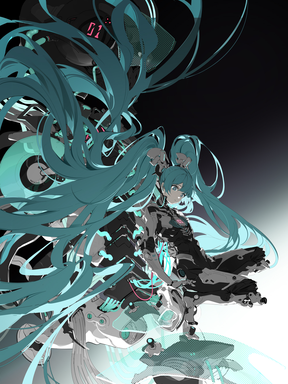 1girl, absurdly_long_hair, bangs, black_background, black_bodysuit, bodysuit, closed_mouth, copyright_name