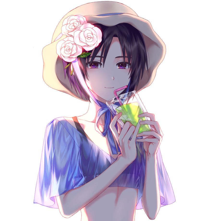 1girl, absurdres, black_bikini_top, black_hair, blue_ribbon, closed_mouth, collarbone, cup