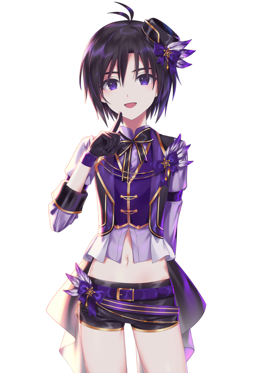 1girl, :d, absurdres, antenna_hair, arm_behind_back, belt_buckle, black_gloves, black_hair, black_headwear, black_neckwear, black_shorts, blue_eyes, buckle, cowboy_shot, feathers, gloves, hachiware, hair_between_eyes, hair_feathers, hat, highres, idolmaster, idolmaster_(classic), index_finger_raised, kikuchi_makoto, long_sleeves, looking_at_viewer, midriff, navel, open_mouth, purple_belt, purple_shirt, shiny, shiny_hair, shirt, short_hair, short_shorts, shorts, simple_background, smile, solo, standing, stomach, thigh_gap, white_background