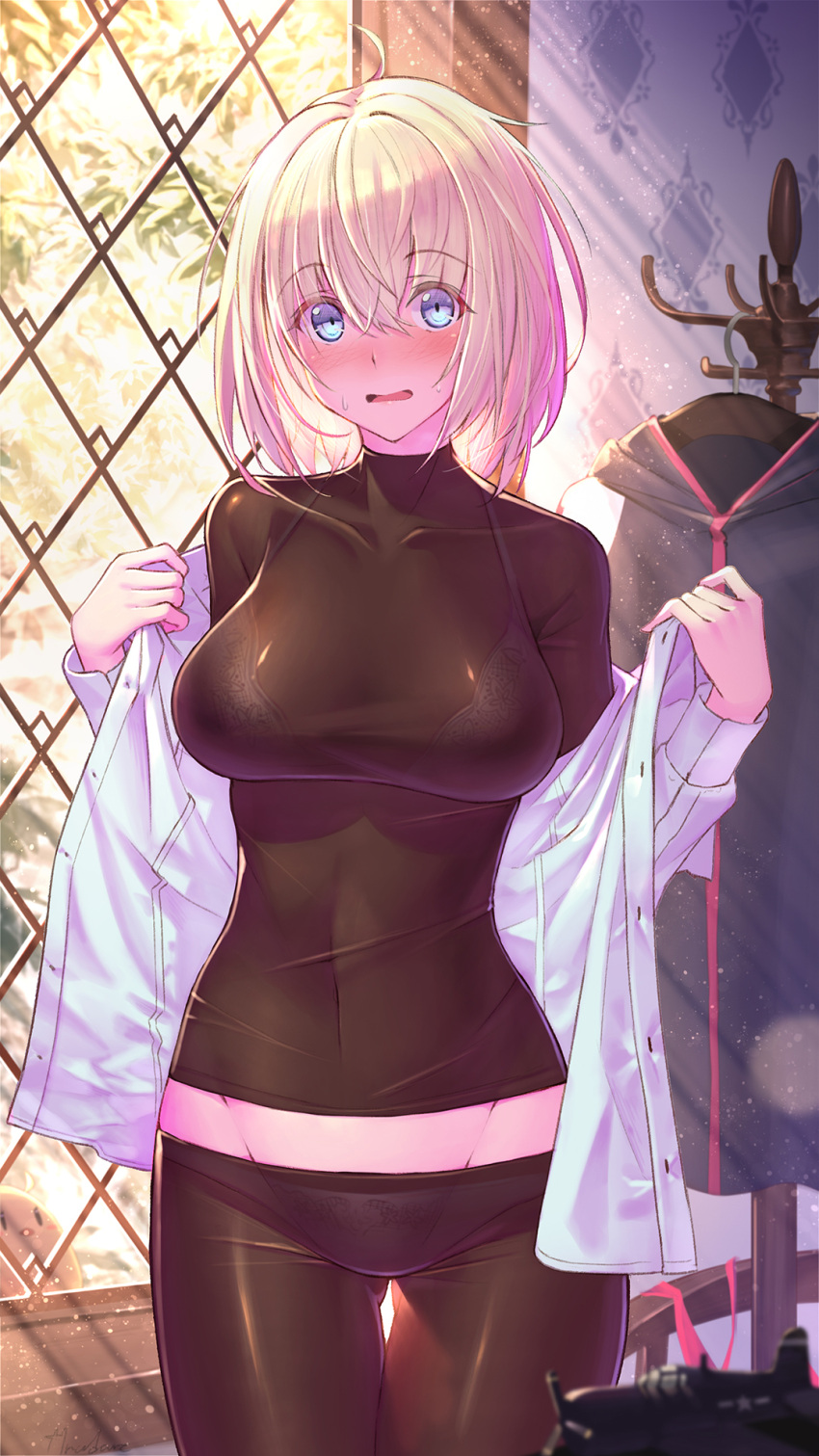 1girl, azur_lane, bangs, bataan_(azur_lane), black_legwear, black_shirt, blonde_hair, blue_eyes