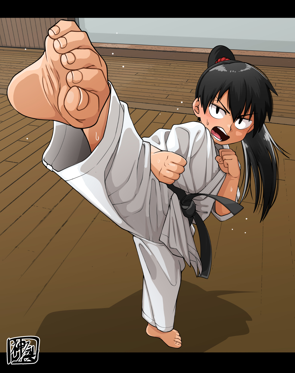 1boy, barefoot, black_hair, dojo, dougi, feet, full_body, high_kick
