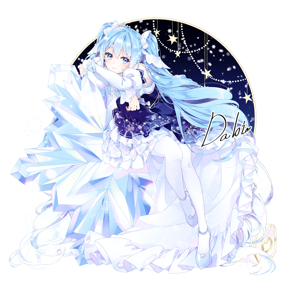 1girl, artist_name, blue_dress, blue_eyes, blue_hair, dabi_(15dldl15), detached_sleeves, dress