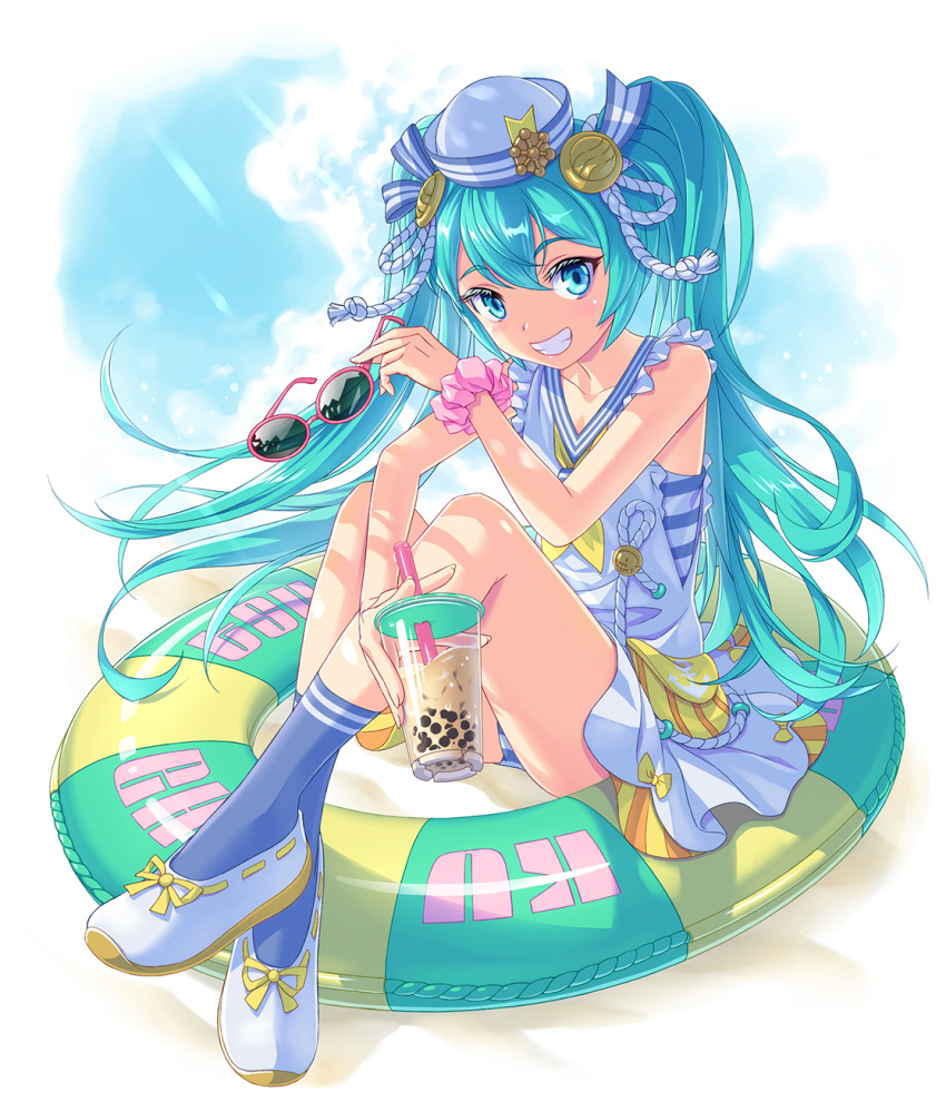 1girl, aqua_eyes, aqua_hair, blue_legwear, bubble_tea, clouds, dress, eyewear_removed