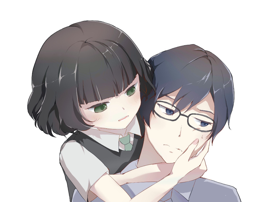 1boy, 1girl, araburu_kisetsu_no_otome-domo_yo., aruambrosy, bangs, black-framed_eyewear, black_hair, blunt_bangs
