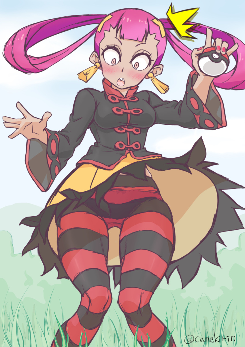 1girl, blush, camekirin, dress, eyelashes, grass, hair_rings, highres, holding, holding_poke_ball, knees_together_feet_apart, looking_down, open_mouth, panties, panties_under_pantyhose, pantyhose, poke_ball, pokemon, pokemon_masters, punk_girl_(pokemon), purple_hair, sharp_teeth, solo, striped, striped_legwear, surprised, teeth, twintails, underwear, wind, wind_lift