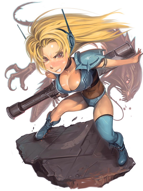 angry, armband, armor, asymmetrical_clothes, bazooka, blonde_hair, blush, boots