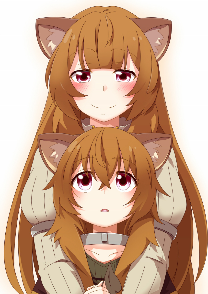 2girls, animal_ear_fluff, animal_ears, bangs, blush, closed_mouth, collar, collarbone
