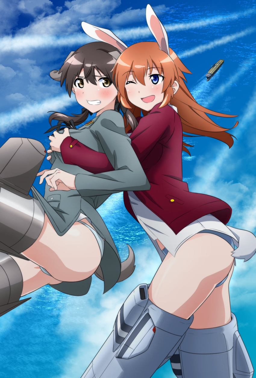 2girls, aircraft_carrier, animal_ears, blue_eyes, blush, breast_grab, breasts, brown_eyes