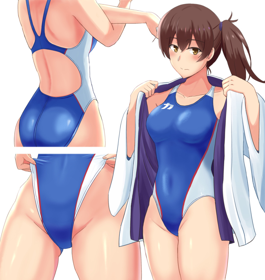 1girl, adjusting_clothes, adjusting_swimsuit, ass, blue_swimsuit, blush, breasts, brown_eyes, brown_hair, collarbone, competition_swimsuit, covered_navel, cowboy_shot, crossed_arms, exercise, eyebrows_visible_through_hair, hair_between_eyes, highleg, highleg_swimsuit, highres, jacket, kaga_(kantai_collection), kantai_collection, long_hair, long_sleeves, looking_at_viewer, mayomaru1, medium_breasts, one-piece_swimsuit, open_clothes, open_jacket, short_hair, side_ponytail, simple_background, solo, swimsuit, swimsuit_under_clothes, thighs, track_jacket, undressing, white_background, white_jacket