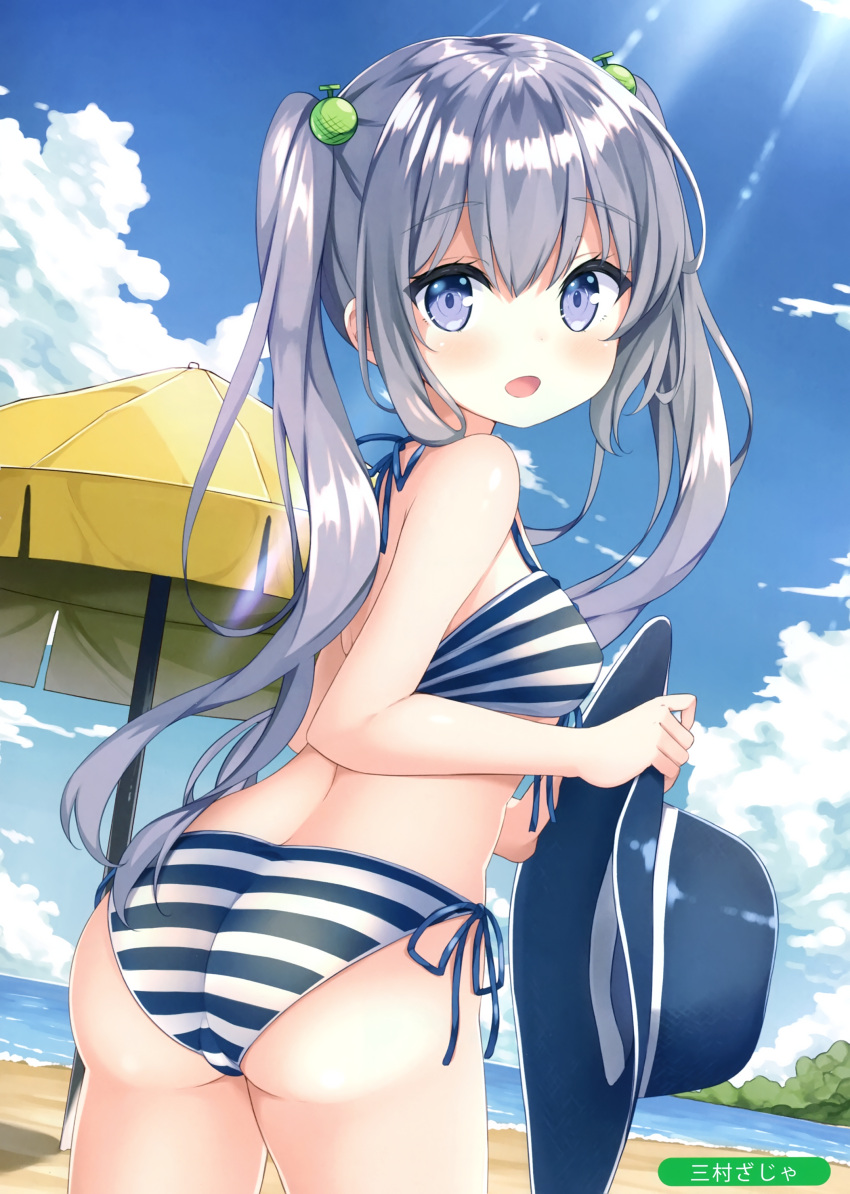 1girl, absurdres, ass, bare_arms, bare_shoulders, beach, beach_umbrella, bikini