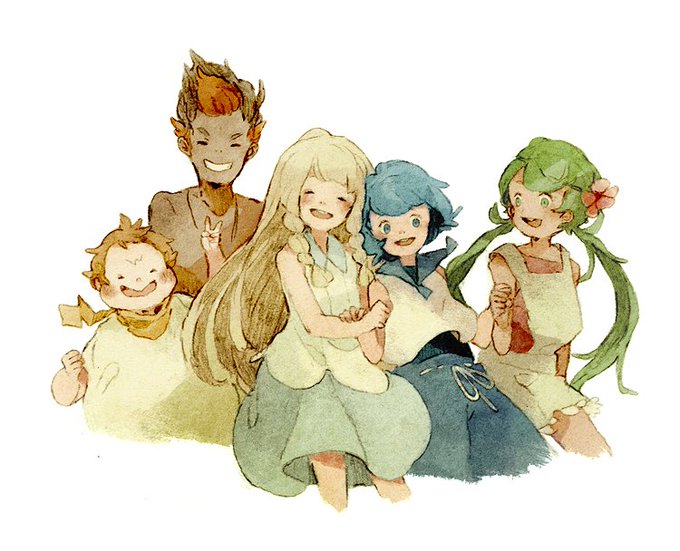 2boys, 3girls, bangs, black_hair, blonde_hair, blue_hair, blush, dark_skin