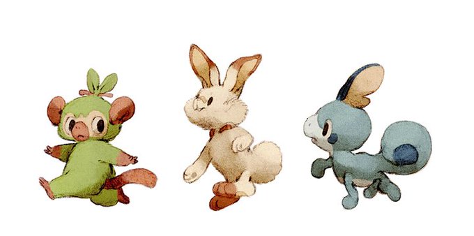 grookey, hoimiii, lizard, monkey, no_humans, pokemon, pokemon_(creature), pokemon_swsh, rabbit, scorbunny, simple_background, sobble, stick, walking, white_background