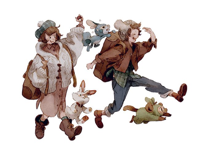 1boy, 1girl, backpack, beanie, female_protagonist_(pokemon_swsh), grookey, hoimiii, lizard