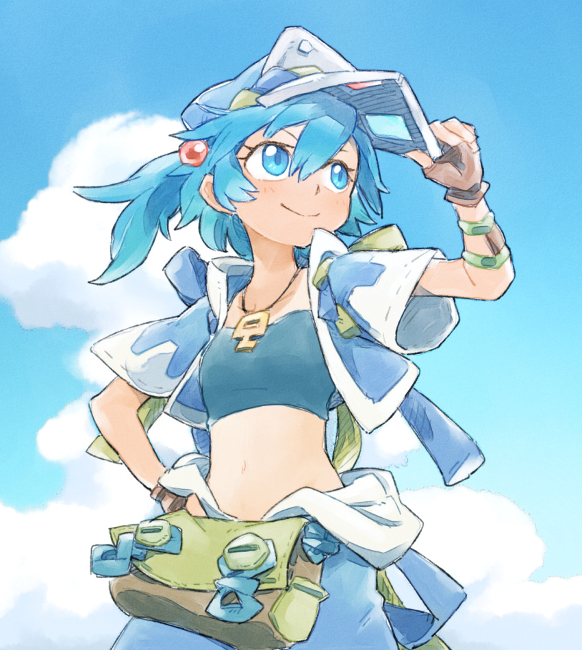 1girl, blue_eyes, blue_hair, blue_sky, brown_gloves, closed_mouth, commentary_request, day
