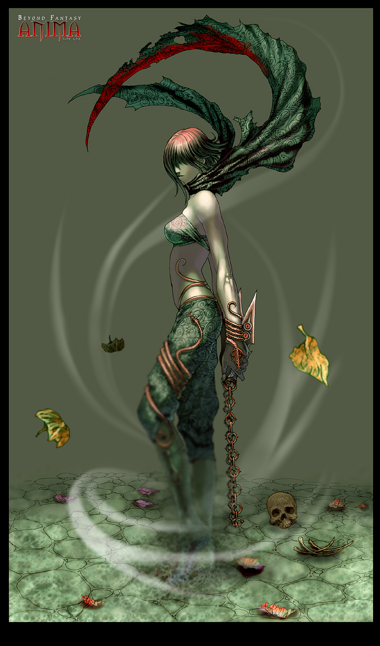 1girl, anima_beyond_fantasy, breasts, chain, chains, dagger, highres, holding_chain