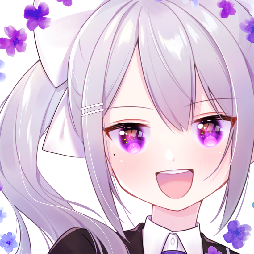 1girl, :d, bangs, black_jacket, blazer, blush, bow, collared_shirt, dress_shirt, eyebrows_visible_through_hair, flower, hair_between_eyes, hair_bow, hair_ornament, hairclip, higuchi_kaede, jacket, kuma_no_yume, long_hair, looking_at_viewer, mole, mole_under_eye, nijisanji, open_mouth, ponytail, portrait, purple_flower, round_teeth, shirt, sidelocks, silver_hair, simple_background, smile, solo, teeth, upper_teeth, violet_eyes, virtual_youtuber, white_background, white_bow, white_shirt
