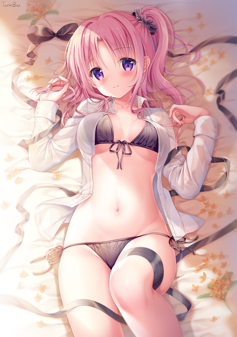 1girl, 3:, bangs, bed_sheet, black_bow, black_bra, black_panties, blush