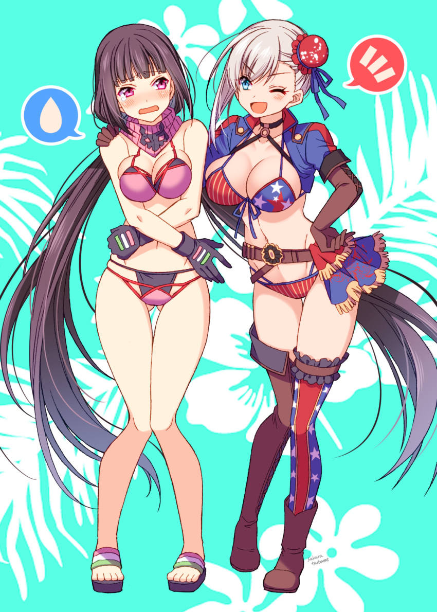 2girls, ankle_boots, asymmetrical_legwear, bikini, black_bikini_bottom, black_gloves, black_hair, blue_eyes