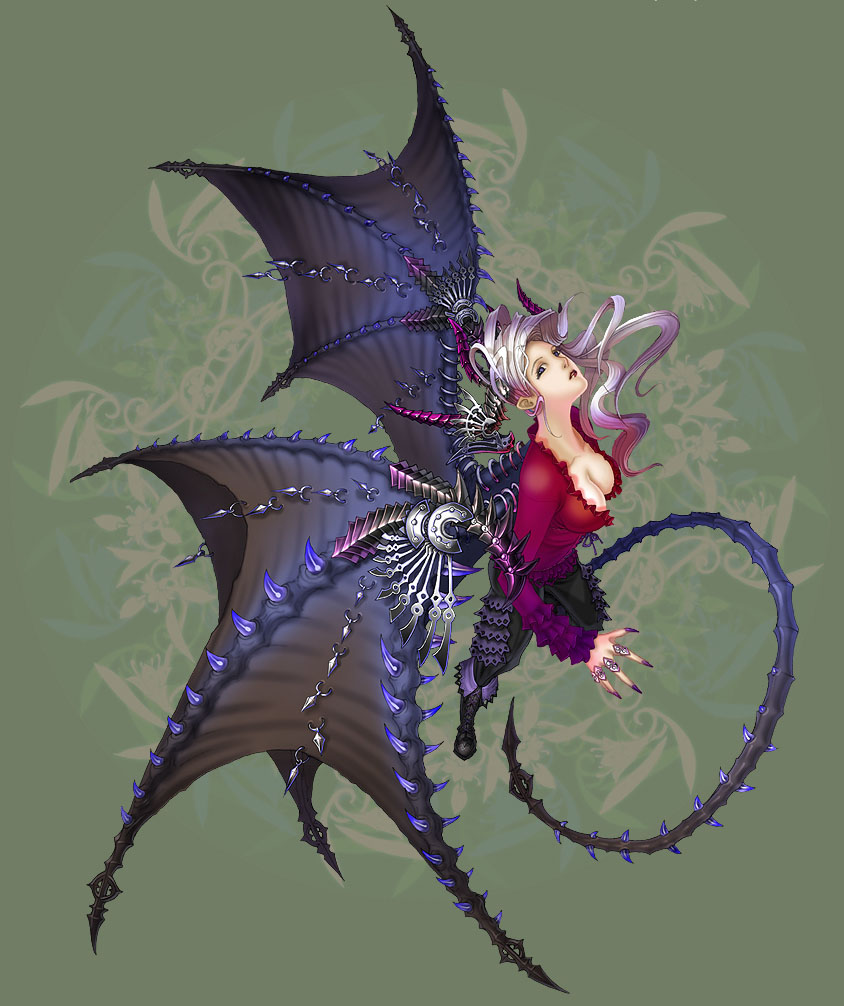 anima_beyond_fantasy, breasts, claws, cleavage, demon_girl, horns, long_hair, multicolored_hair