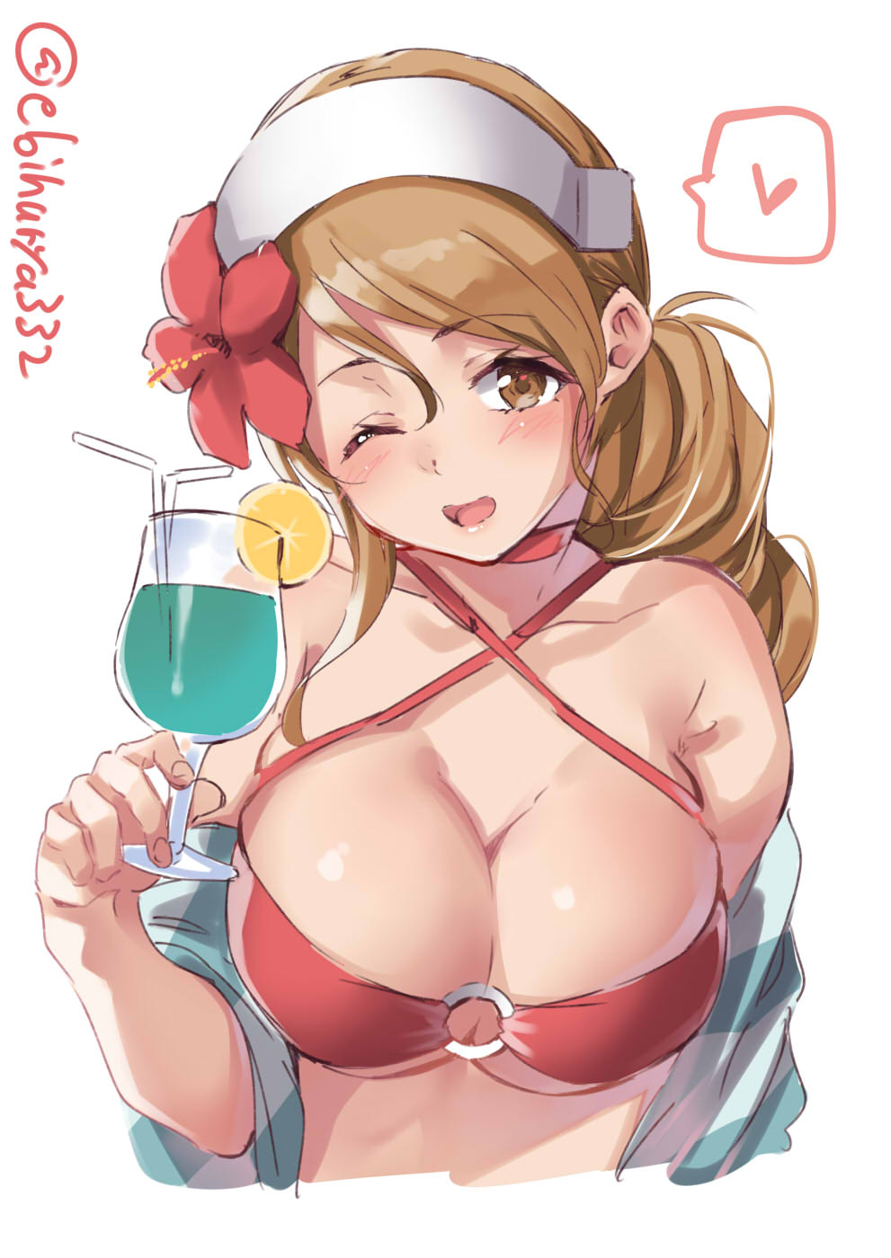 1girl, bikini, blush, breasts, brown_eyes, brown_hair, criss-cross_halter, ebifurya