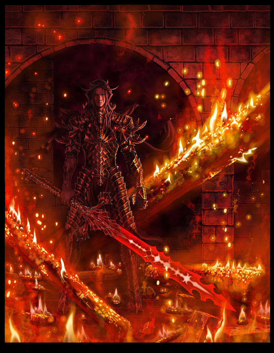 armor, fire, highres, male, sword, tattoo, weapon, wen-m