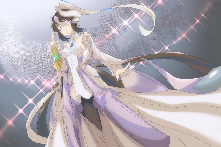 1girl, breasts, commentary_request, detached_sleeves, disdain, forehead_jewel, glowing, glowing_eyes