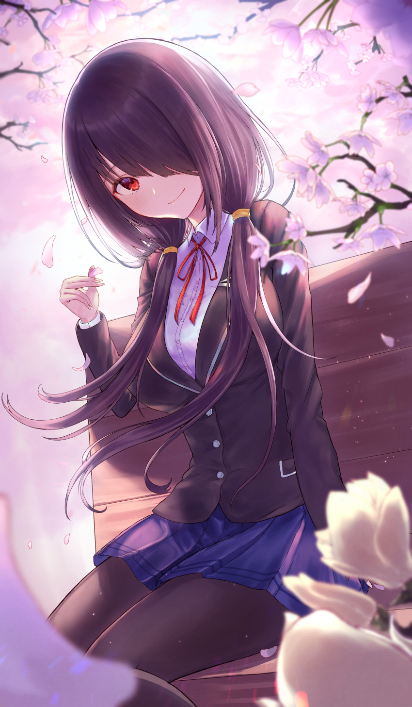 1girl, absurdres, bangs, black_hair, black_legwear, blazer, blue_skirt, blush