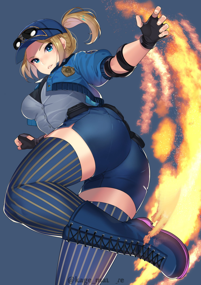 1girl, baseball_cap, belt, blonde_hair, blue_eyes, blue_legwear, blush, boots, breasts, eyewear_on_head, final_fight, final_fight_tough, fingerless_gloves, fire, flame, gloves, grey_background, hat, highres, kagematsuri, large_breasts, looking_at_viewer, lucia_morgan, medium_breasts, police, police_badge, police_uniform, policewoman, ponytail, short_hair, short_shorts, shorts, simple_background, smile, solo, street_fighter, street_fighter_v, striped, striped_legwear, sunglasses, thigh-highs, twitter_username, uniform