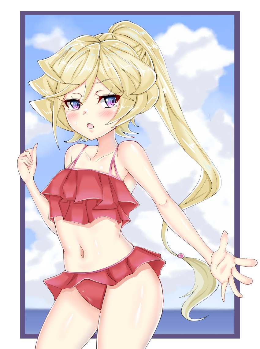 1girl, absurdres, bikini, blonde_hair, blue_eyes, border, carol_malus_dienheim, clouds