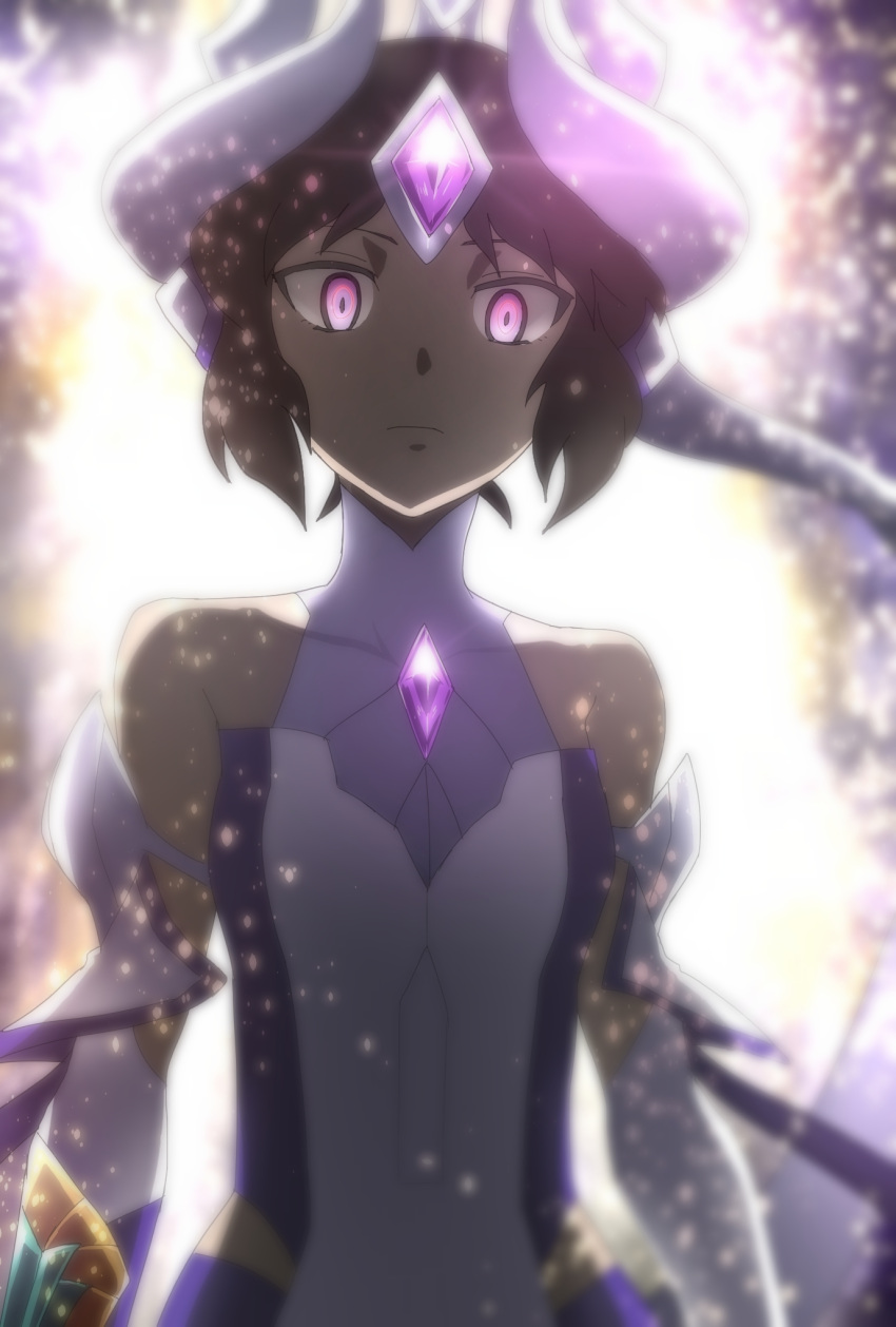 1girl, backlighting, bare_shoulders, blurry, commentary_request, detached_sleeves, disdain, forehead_jewel