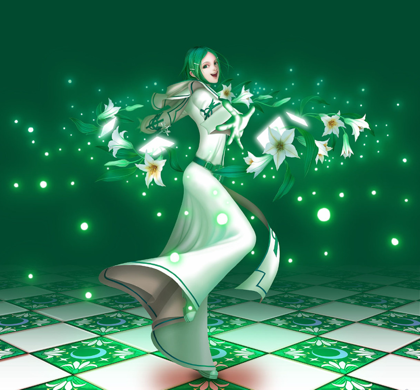 anima_beyond_fantasy, belt, flower, green, green_eyes, green_hair, hair_ornament, hairclip