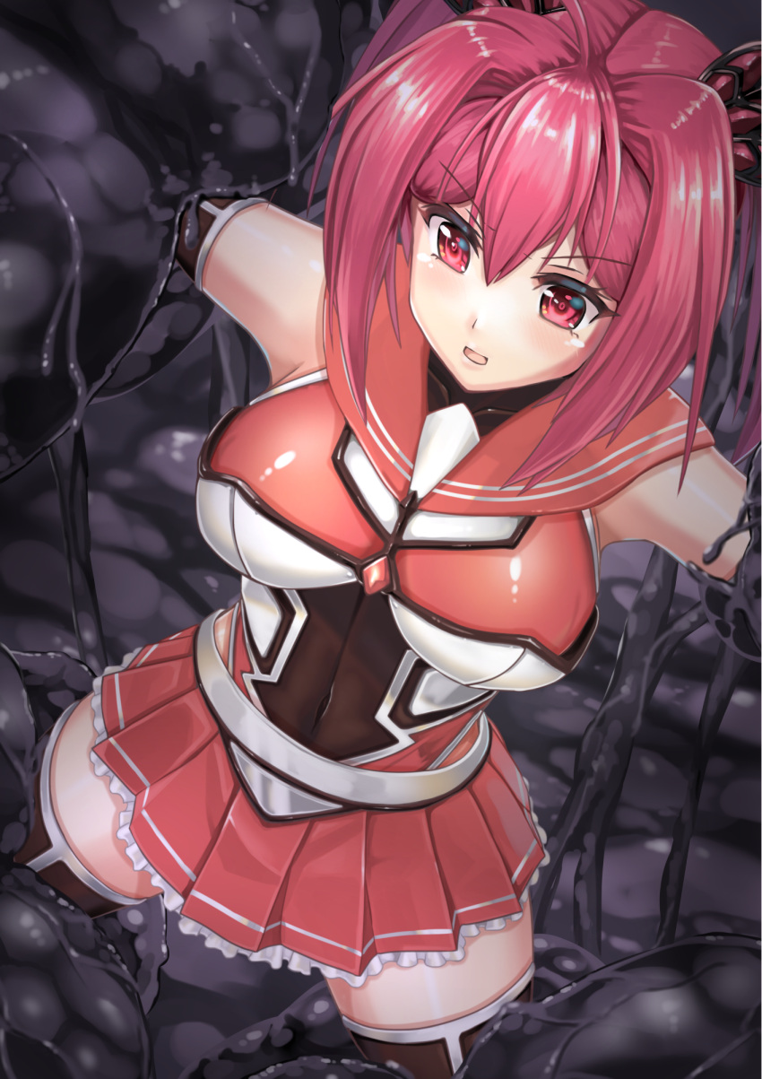 1girl, ahoge, breasts, chicken_(chickenx), covered_navel, cowboy_shot, from_above, hair_intakes
