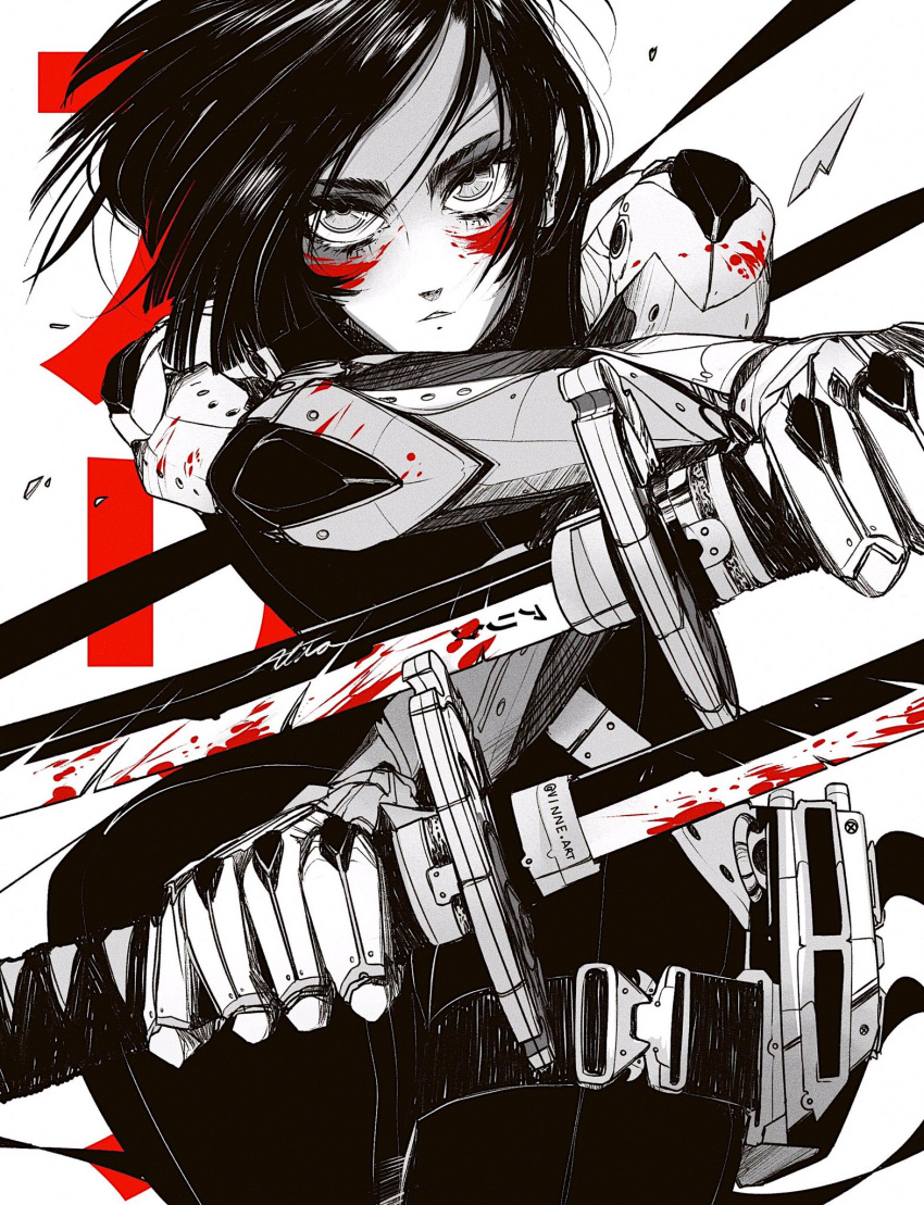1girl, alita:_battle_angel, artist_name, black_hair, blood, blood_on_arm, bloody_weapon, commentary