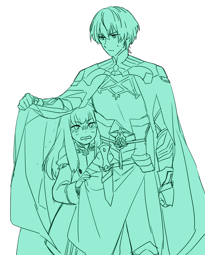 1boy, 1girl, armor, byleth_(fire_emblem), byleth_eisner_(male), cape, closed_mouth, dagger