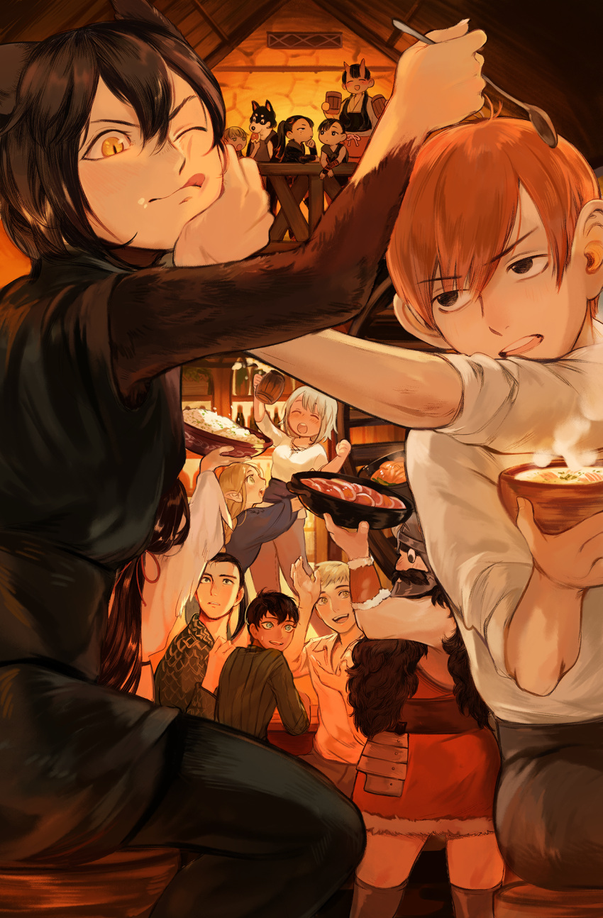 6+boys, 6+girls, :o, :q, ^_^, aqua_eyes, arm_guards, arm_up, arm_warmers, beard, beer_mug, benichidori, black_eyes, black_hair, blonde_hair, boots, bored, bottle, bowl, braid, breasts, brother_and_sister, brown_hair, ceiling, chainmail, chair, chilchuck, clenched_hand, closed_eyes, collared_shirt, criss-cross_halter, cup, dark_skin, dark_skinned_male, dog, drunk, dungeon_meshi, dwarf, eating, facial_hair, facing_viewer, falin_thorden, faulds, feeding, fighting, food, food_on_face, fried_rice, fur, fur_trim, furry, green_eyes, grey_hair, hair_between_eyes, hair_over_shoulder, hair_slicked_back, halterneck, hand_on_another's_face, hand_up, happy, head_rest, helmet, hien_(dungeon_meshi), highres, holding, holding_bowl, holding_cup, holding_food, holding_spoon, horns, indoors, inutade_(dungeon_meshi), izutsumi, japanese_clothes, kabru_(dungeon_meshi), katy_ho, kobold, kuro_(dungeon_meshi), laios_thorden, long_hair, looking_at_another, looking_at_viewer, looking_away, looking_back, looking_down, low_ponytail, low_twintails, maizuru, marcille, meat, medium_breasts, mickbell, mole, mole_under_eye, multiple_boys, multiple_girls, mustache, one_eye_closed, oni, oni_horns, open_hand, orange_hair, outstretched_arm, pants, pointy_ears, profile, pushing_away, railing, sanpaku, sash, senshi_(dungeon_meshi), shirt, short_hair, shurou, siblings, side_ponytail, sideways_glance, sitting, sleeveless, sleeves_pushed_up, slit_pupils, spoon, steam, stitches, sweatdrop, sweater, table, tavern, tongue, tongue_out, twintails, wall, white_shirt, window, wine_bottle, wok, yellow_eyes