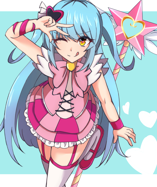 1girl, ;), bangs, closed_mouth, cross-laced_clothes, eyebrows_visible_through_hair, frilled_skirt, frills
