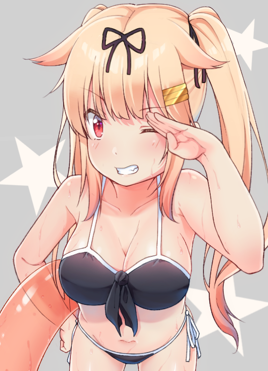 1girl, alternate_hairstyle, bikini, black_bikini, black_ribbon, blonde_hair, gradient_hair, grey_background