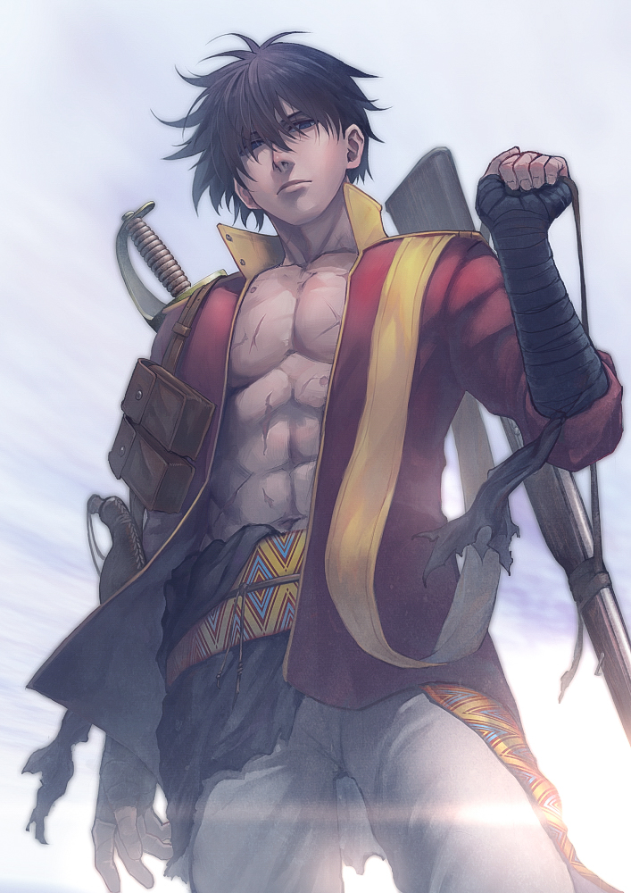 1boy, abs, bandaged_arm, bandaged_hands, bandages, black_eyes, black_hair, closed_mouth, clouds, cloudy_sky, gamerag, gun, lens_flare, looking_at_viewer, looking_down, male_focus, muscle, navel, original, outdoors, over_shoulder, pouch, rifle, scar, scimitar, shirtless, sky, solo, sun, sunlight, sword, torn_clothes, waterskin, weapon, weapon_over_shoulder