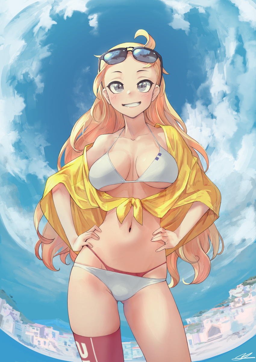 1girl, bikini, blonde_hair, blue_sky, breasts, clouds, cowboy_shot, day, eyewear_on_head, fisheye, grey_eyes, grin, hand_on_own_chest, highres, layered_bikini, looking_at_viewer, medium_breasts, original, outdoors, red_legwear, shawl, single_thighhigh, sky, smile, solo, sunglasses, swimsuit, thigh-highs, white_bikini, yellow_shawl, yunar