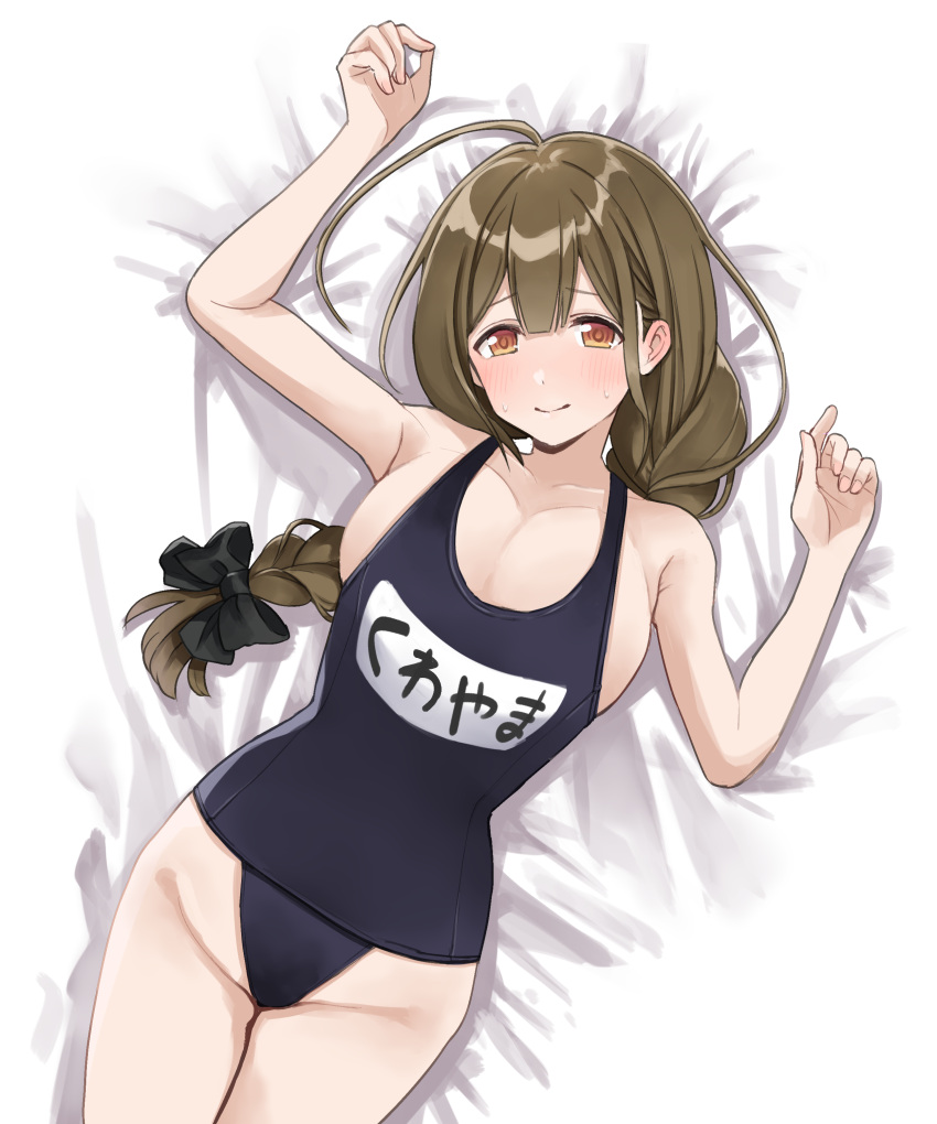 1girl, absurdres, ahoge, bed, black_bow, black_swimsuit, bow, braid